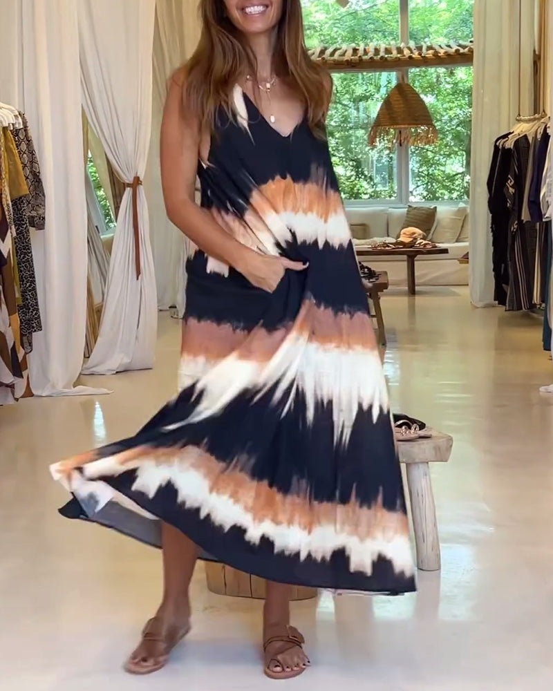 Lässiges ärmelloses Kleid mit V-Ausschnitt und Print