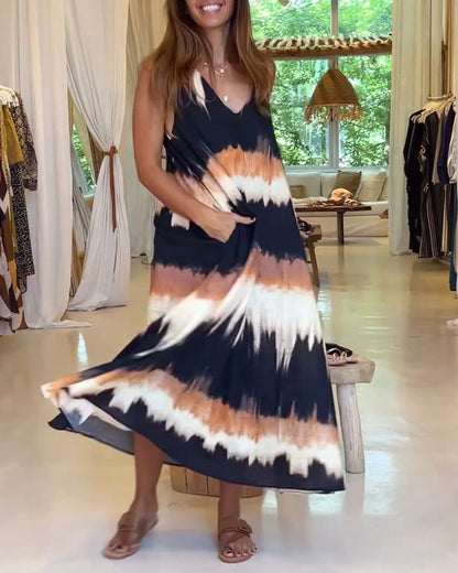 Lässiges ärmelloses Kleid mit V-Ausschnitt und Print