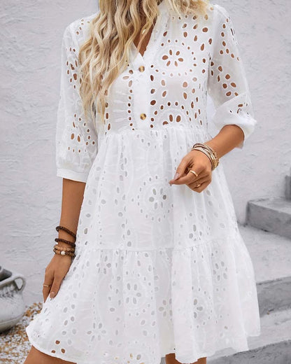 Hollow Out V-Neck Solid Color Ruffle Dress