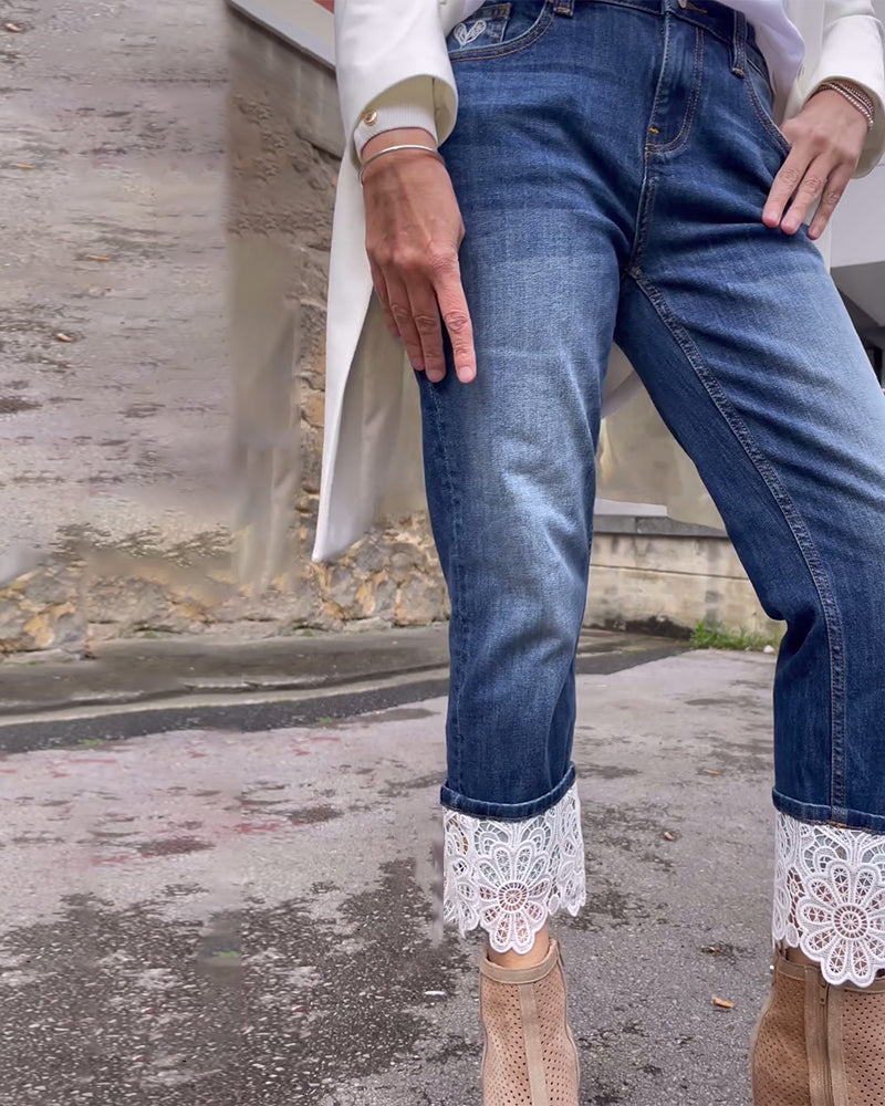 Lace panel casual jeans pants spring summer