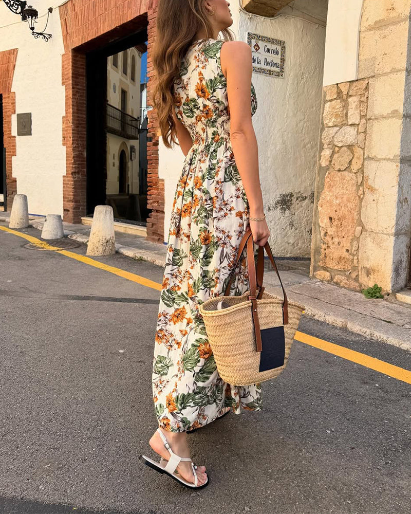 Holiday V-Neck Slit Floral Dress