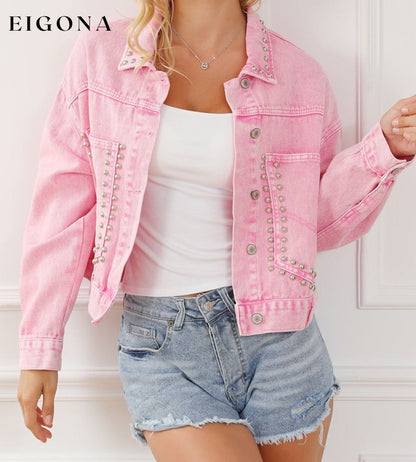 Pink Rivet Studded Pocketed Pink Denim Jacket All In Stock Category Shacket clothes Color Pink Craft Rhinestone Day Valentine's Day Fabric Denim Jackets & Coats Occasion Daily Print Solid Color Season Winter