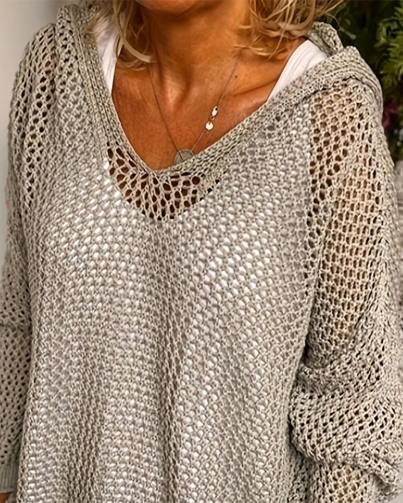 Dames Crochet Hollow Out Hooded Long Sleeve Tops