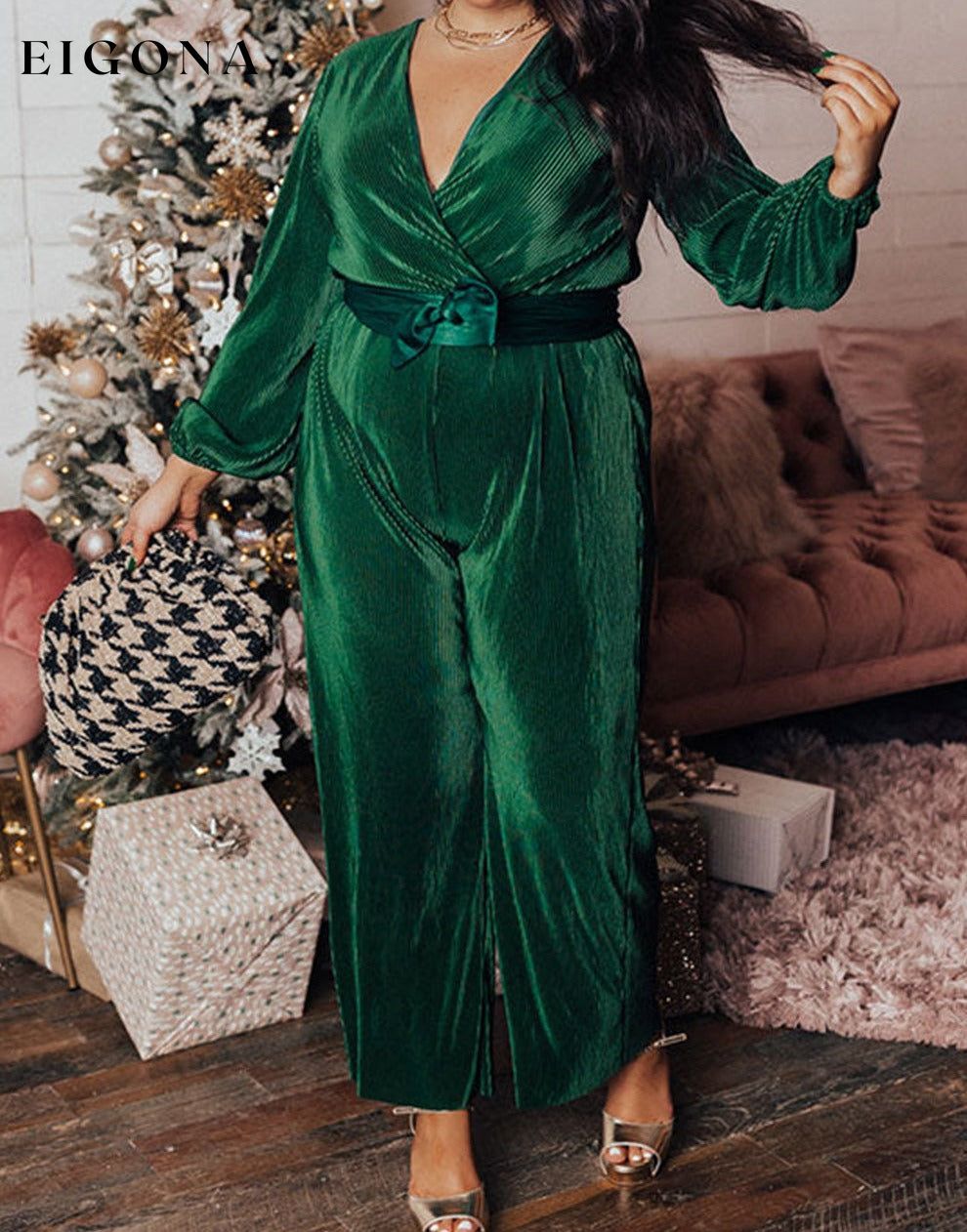 Dark Green Plus Size Pleated Satin Belted V Neck Jumpsuit All In Stock clothes Color Green Day Christmas Jumper Jumpsuit Occasion Night Out Print Solid Color Rompers Season Fall & Autumn Silhouette Wide Leg Style Southern Belle