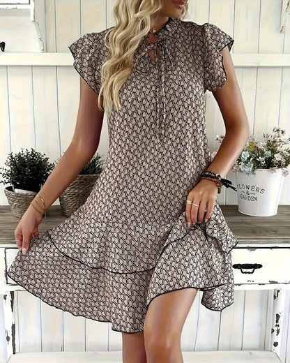 Ruffled Geometric Print Tie Dress