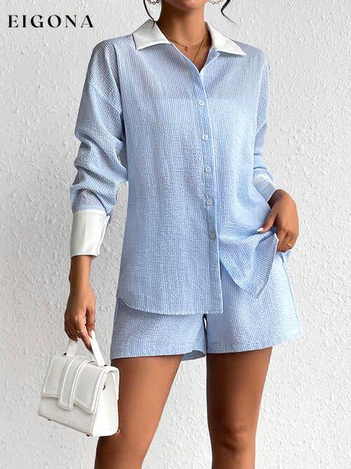 Texture Button Up Shirt and Shorts Set clothes DY Ship From Overseas