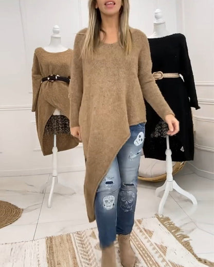 Fashion solid color slit long sleeve irregular pullover 2024 f/w pullovers