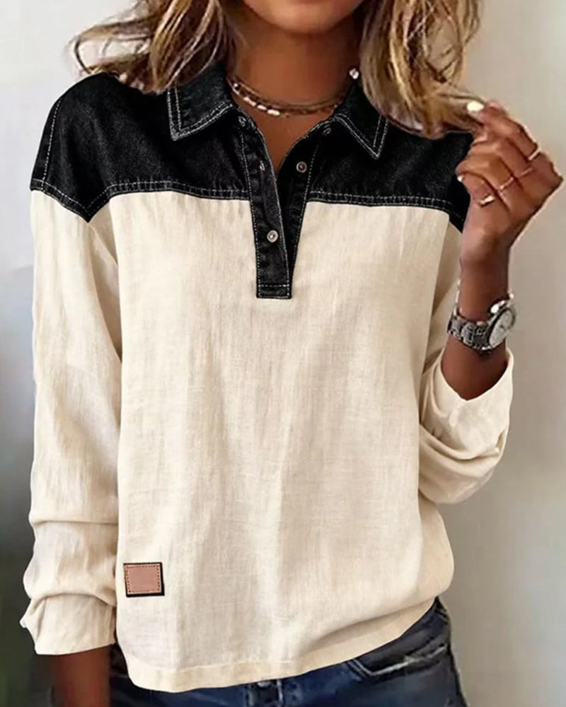 Casual Lapel Denim Patchwork Blouse