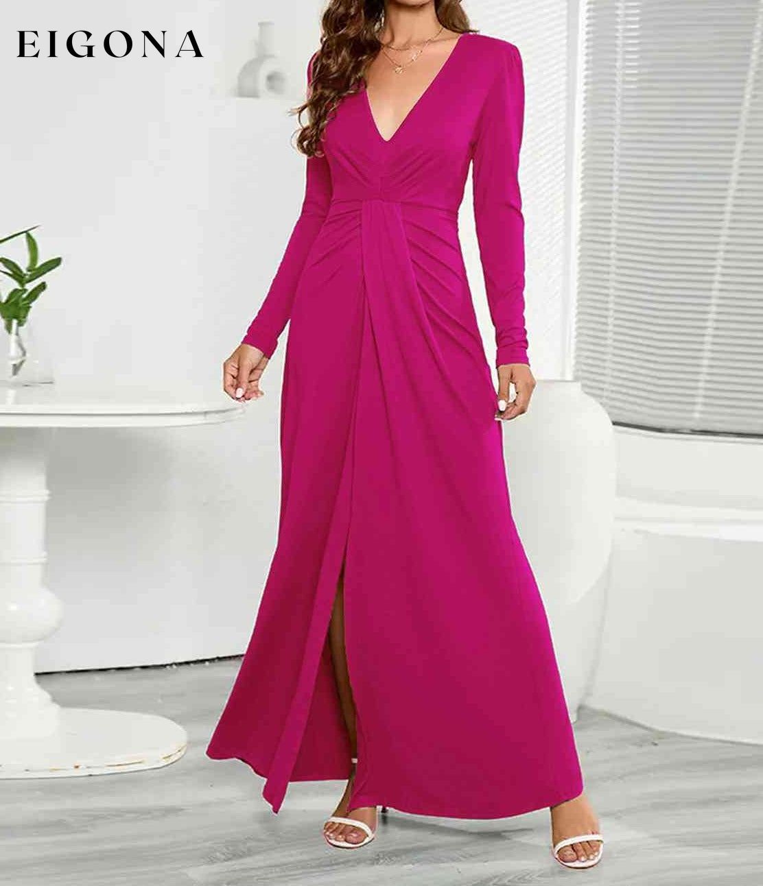 V-Neck Long Sleeve Split Dress Hot Pink CATHSNNA clothes dress dresses maxi dress Ship From Overseas Shipping Delay 09/29/2023 - 10/03/2023