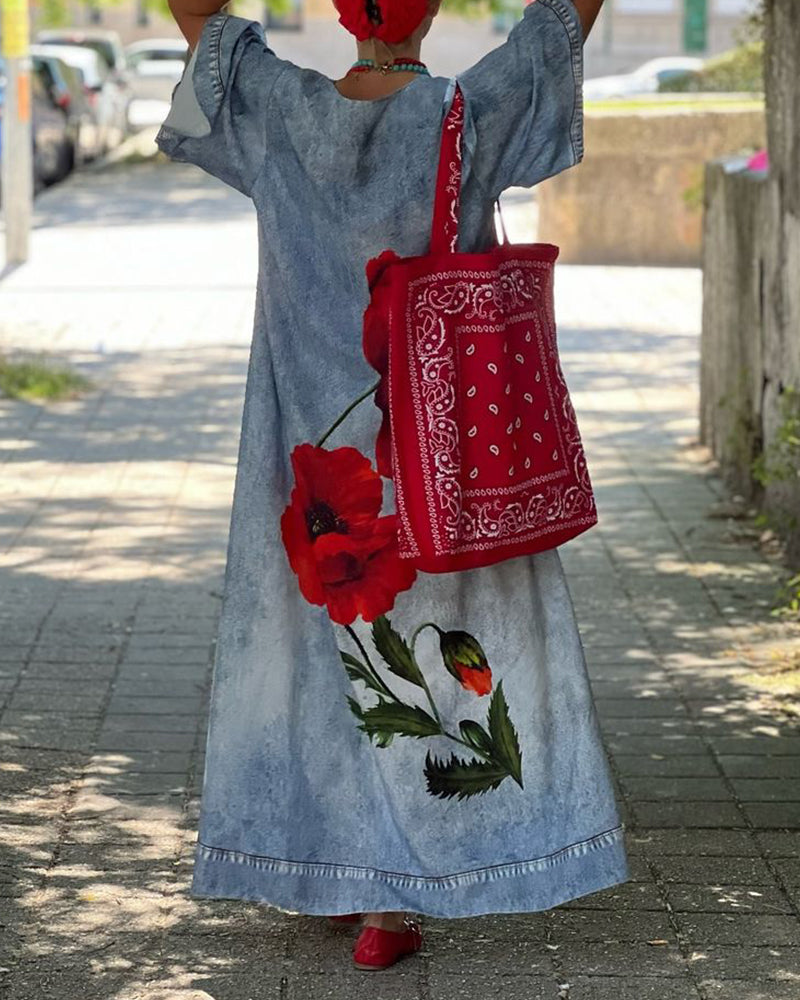 Casual floral print V-neck loose dress 202466 casual dresses spring summer