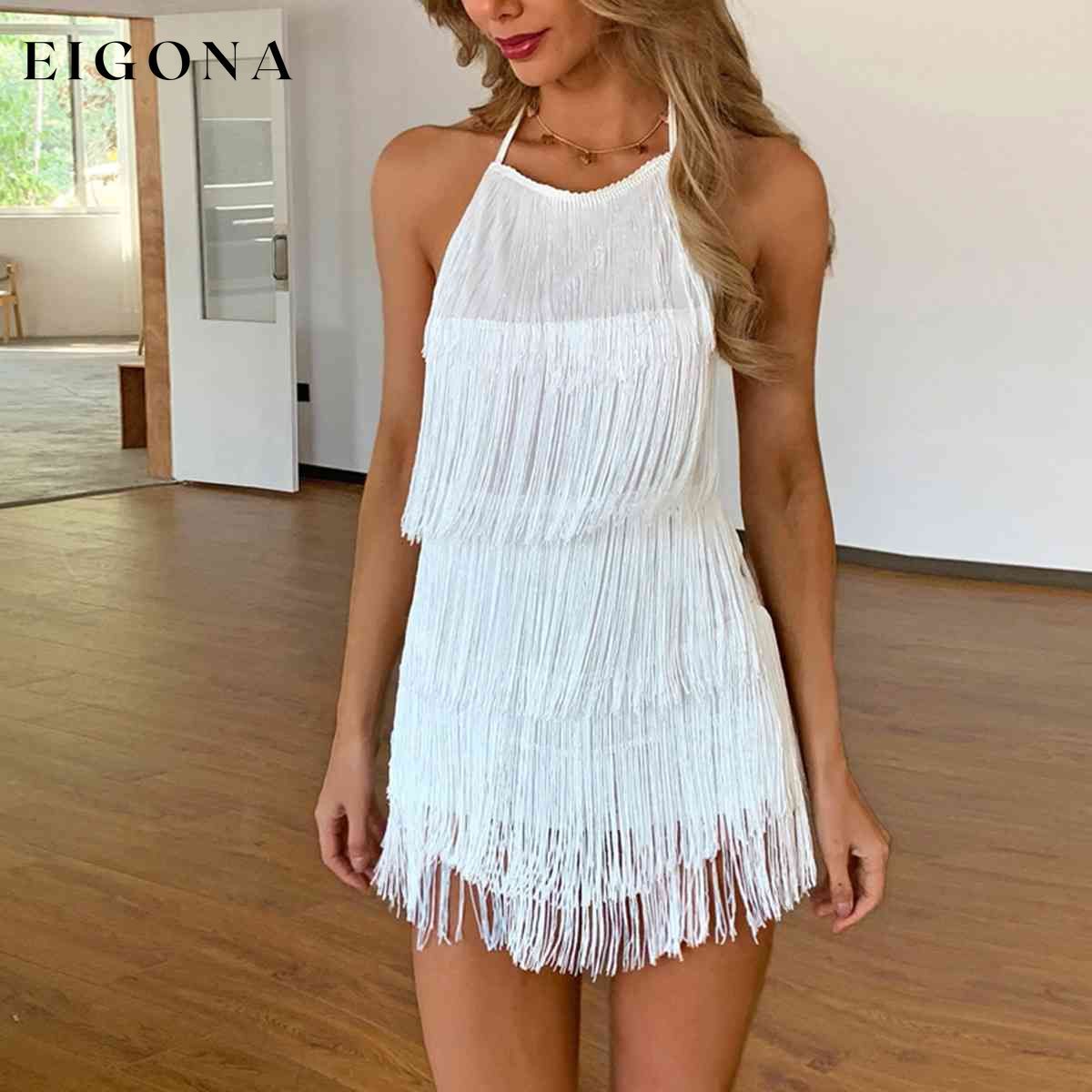 Fringed Halter Neck Tied Back Mini Dress clothes D%W Ship From Overseas