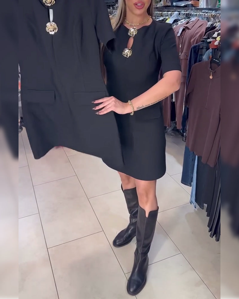 Metal Buckle Fitted Short-Sleeved Dress