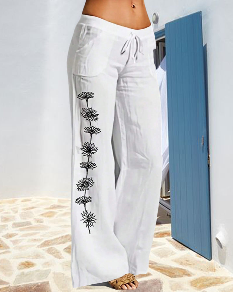 Casual floral print lace-up pocket wide-leg pants 202466 pants spring summer