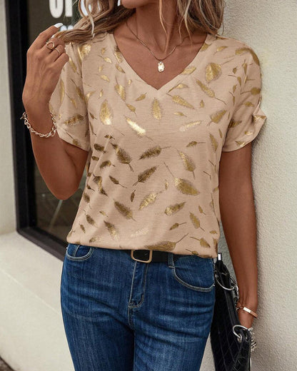 Lässiges T-Shirt mit V-Ausschnitt und Blattdruck