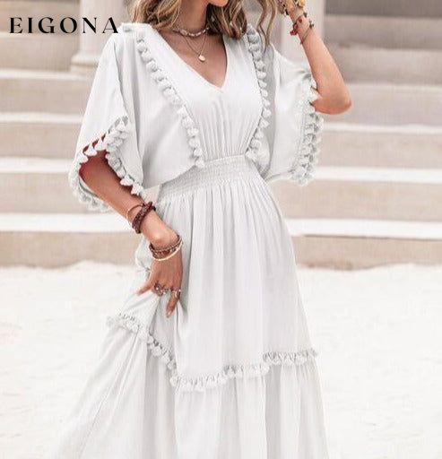 Tassel Trim Smocked V-Neck Short Sleeve Maxi Dress White casual dresses clothes dress dresses H.R.Z long sleeve dress maxi dress Ship From Overseas short dress short sleeve short sleeve dress short sleeve dresses