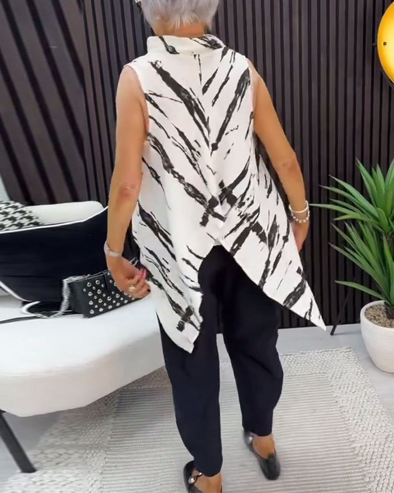 Ink Wash Painting Print Mandarin Collar Sleeveless Blouse