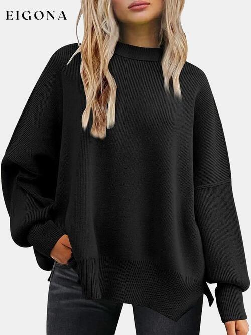 Round Neck Drop Shoulder Slit Sweater Black clothes R.T.S.C Ship From Overseas Sweater sweaters Sweatshirt