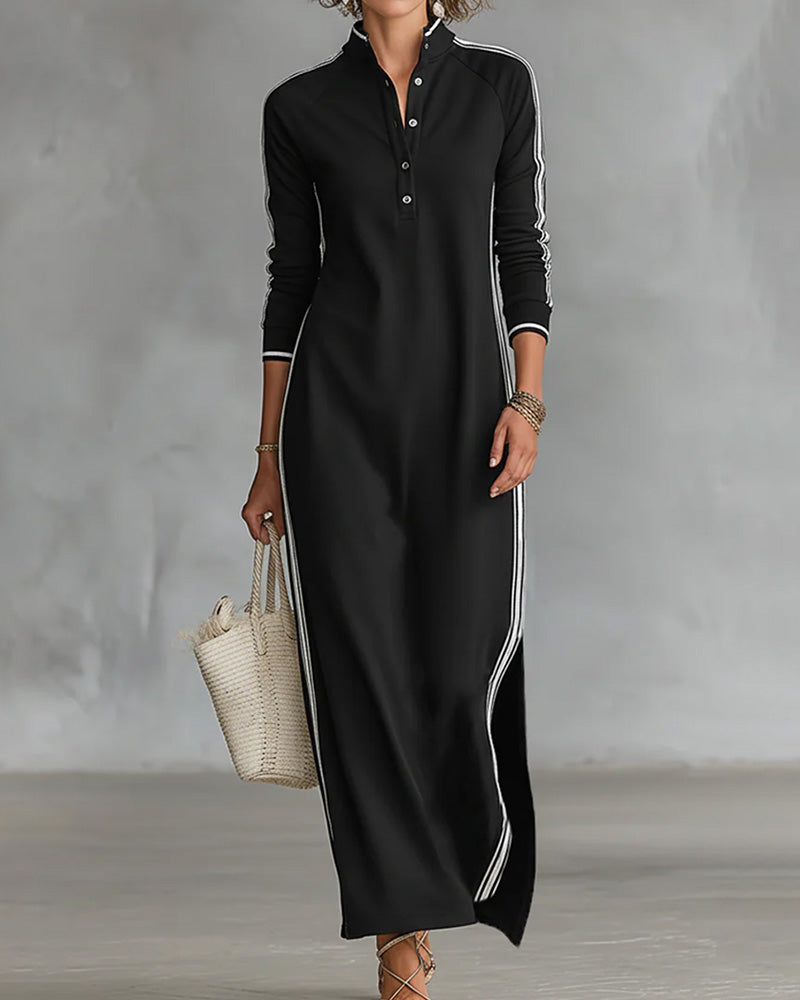 Contrast Button V-Neck Dress