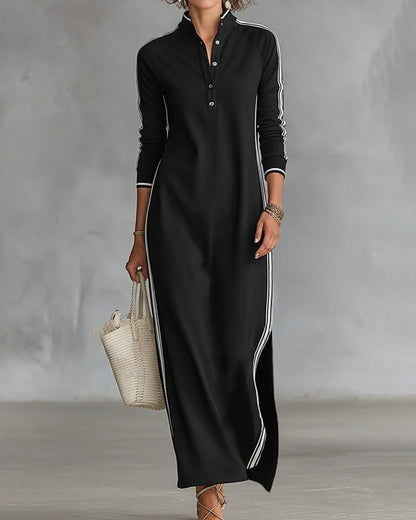 Contrast Button V-Neck Dress