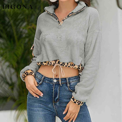 Leopard Half Zip Drawstring Cropped Sweatshirt Heather Gray clothes L@X@G Ship From Overseas