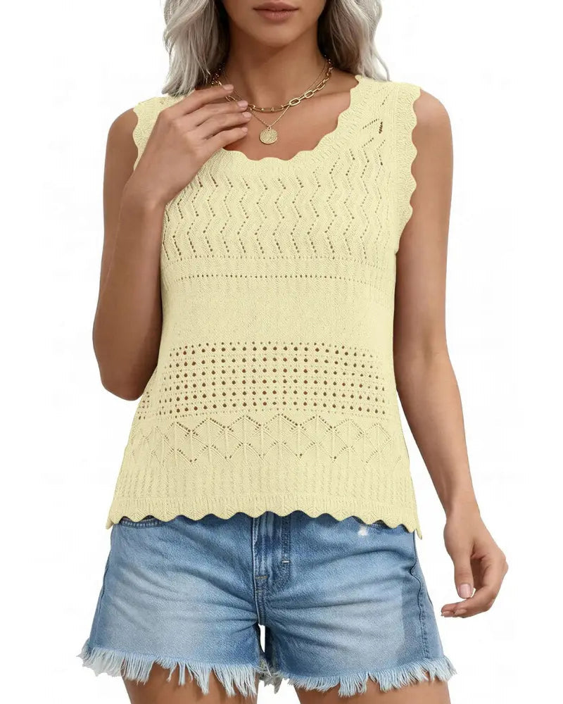 Hollow-Out Wavy Edge Sleeveless Tank Top
