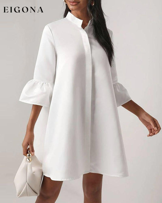 Solid color stand collar bell sleeve dress casual dresses spring summer