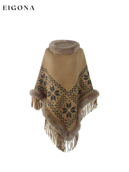 Fringe Geometric Cape Sleeve Poncho Khaki One Size christmas sweater clothes Drizzle poncho Ship From Overseas Sweater sweaters
