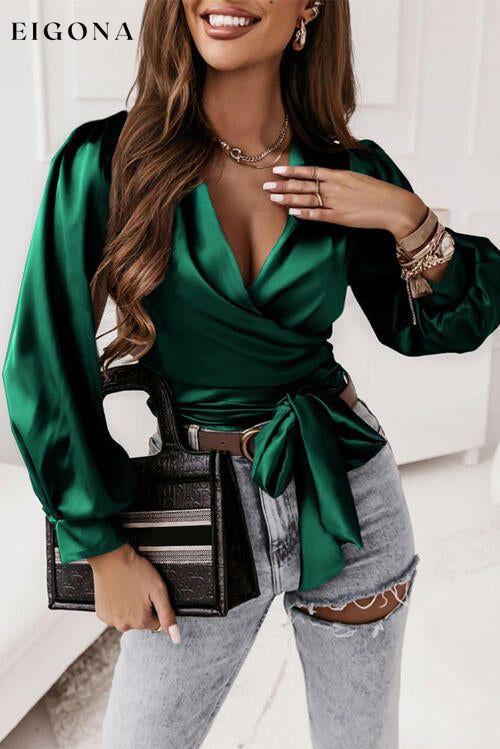 Surplice Tie Front Long Sleeve Blouse Green clothes Ship From Overseas SYNZ