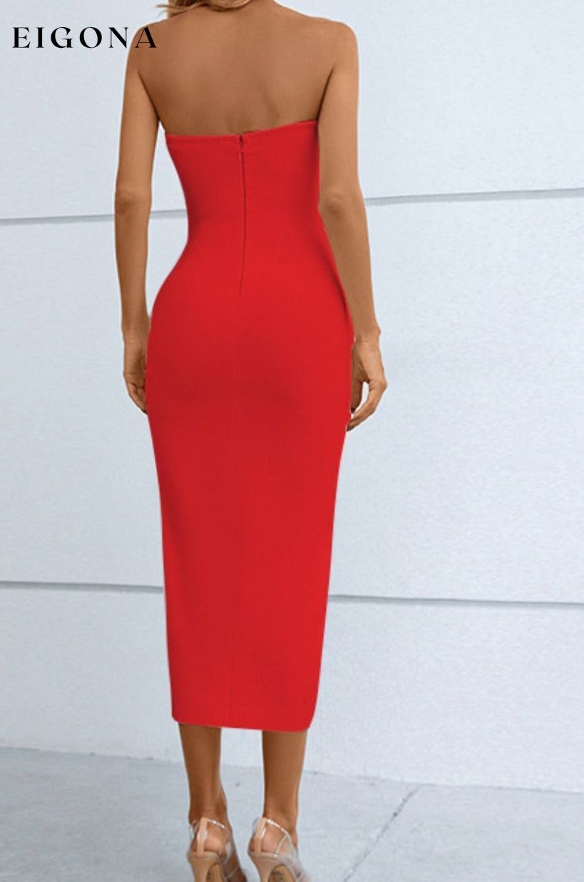 Cutout Strapless Drawstring Detail Split Bandage Evening Dress clothes dress dresses evening dress formal dress long sleve dresses midi dress midi dresses NF Ship From Overseas