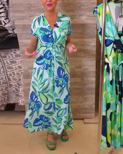 Abito lungo a maniche corte con stampa floreale intrecciata e scollo a V