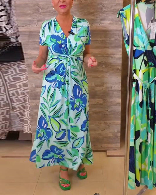 Kurzärmliges Maxikleid mit V-Ausschnitt, Twist-Blumendruck