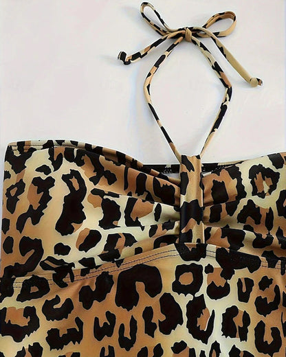 Halter Neck A-Line Leopard Print Triangle Tankini