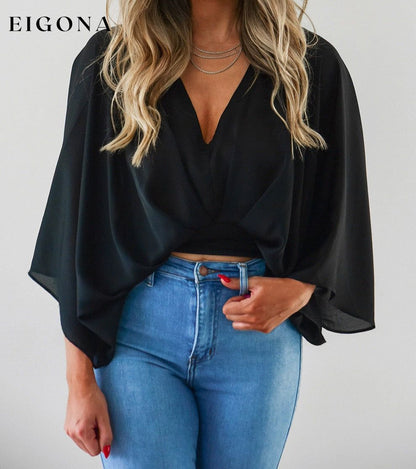 Black V Neck Flared Sleeves Crop Top clothes crop top crop tops cropped cropped top croptop long sleeve top Occasion Daily Print Solid Color Season Summer shirt shirts top tops