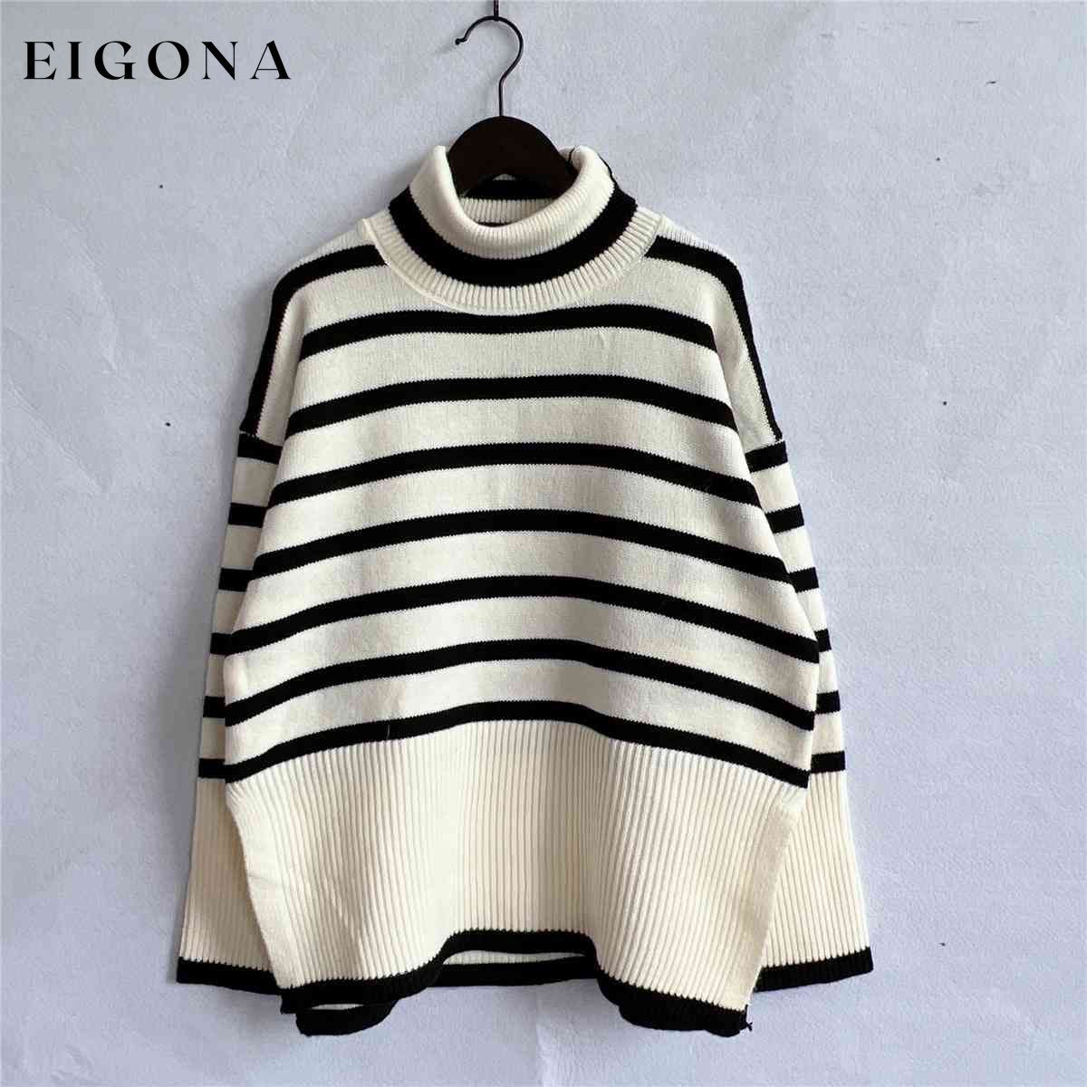 Striped Turtleneck Flare Sleeve Sweater clothes S.X Ship From Overseas