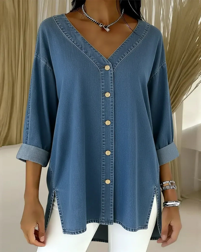 Button-Down V-Neck Denim Long-Sleeved Shirt