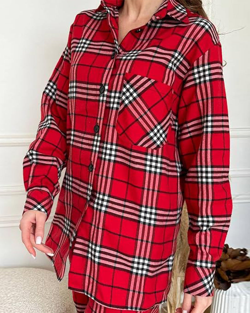 Cozy plaid long sleeve buttons lapel pajama set 2024 f/w christmas two-piece sets