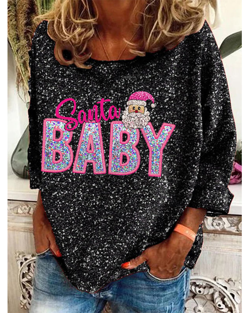 Women's Vintage Christmas Shiny Santa Baby Printed Long Sleeve Top 2024 f/w christmas hoodies & sweatshirts women's christmas