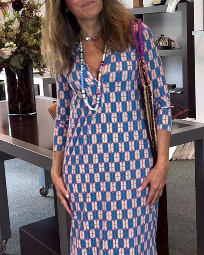 Printed deep V slit long-sleeve elegant dress casual dresses spring summer