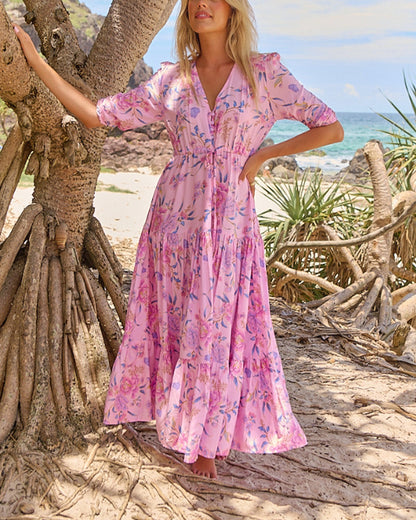 Kurzarmkleid mit V-Ausschnitt und Blumenmuster