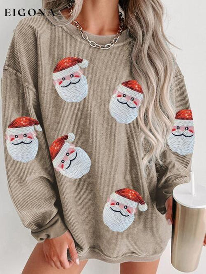 Sequin Santa Patch Ribbed Sweatshirt, Christmas Sweater Camel christmas sweater clothes Ship From Overseas Sweater sweaters SYNZ