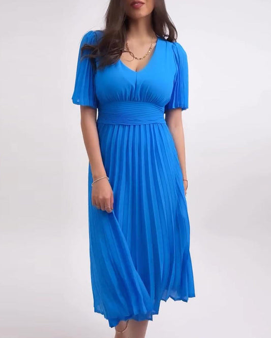 Elegant solid color V-neck pleated dress