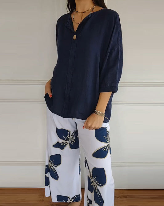 Crew Neck Casual Printed Trousers Set