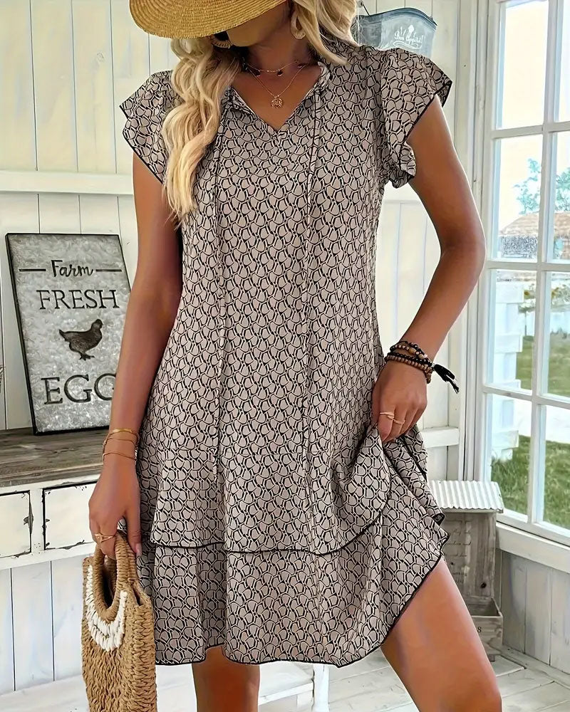 Ruffled Geometric Print Tie Dress