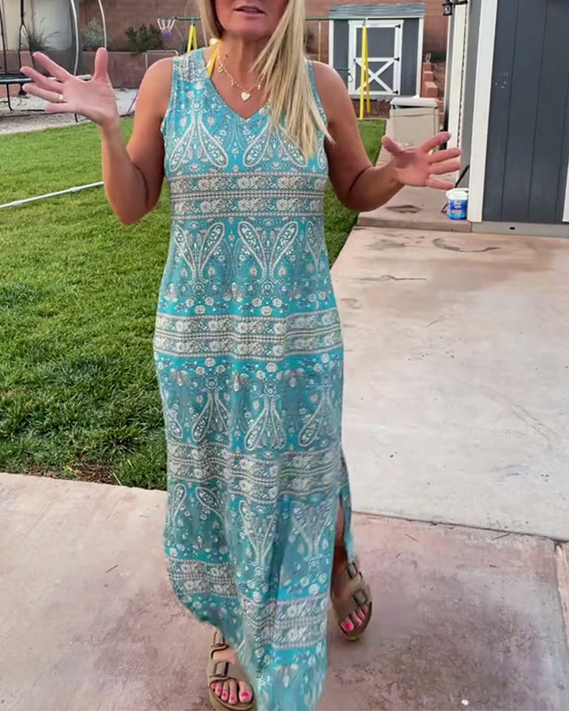 Ärmelloses Kleid mit V-Ausschnitt und Cashew-Blumen-Schlitz