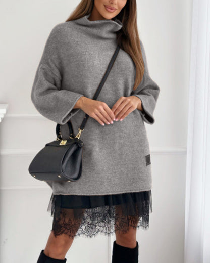 Lässiges, einfarbiges Pullover-Netzkleid-Set mit hohem Kragen