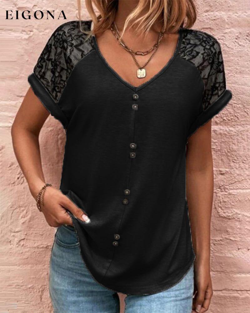 V-neck Lace Color Block T-shirt Black 23BF clothes Short Sleeve Tops Summer T-shirts Tops/Blouses
