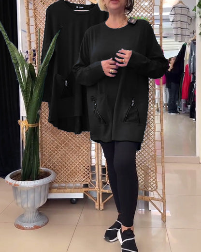 Round Neck Solid Color Zipper Pocket Sweatshirt