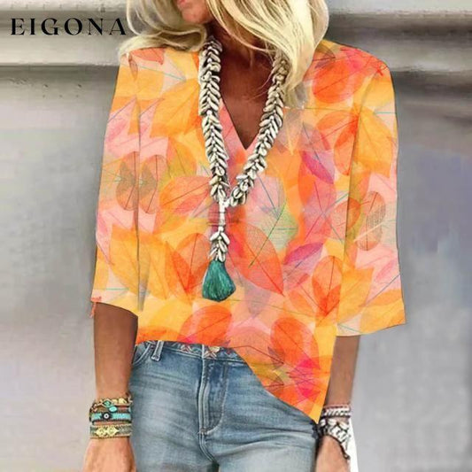 Colorful Leaf Print Blouse Orange best Best Sellings clothes Plus Size Sale tops Topseller