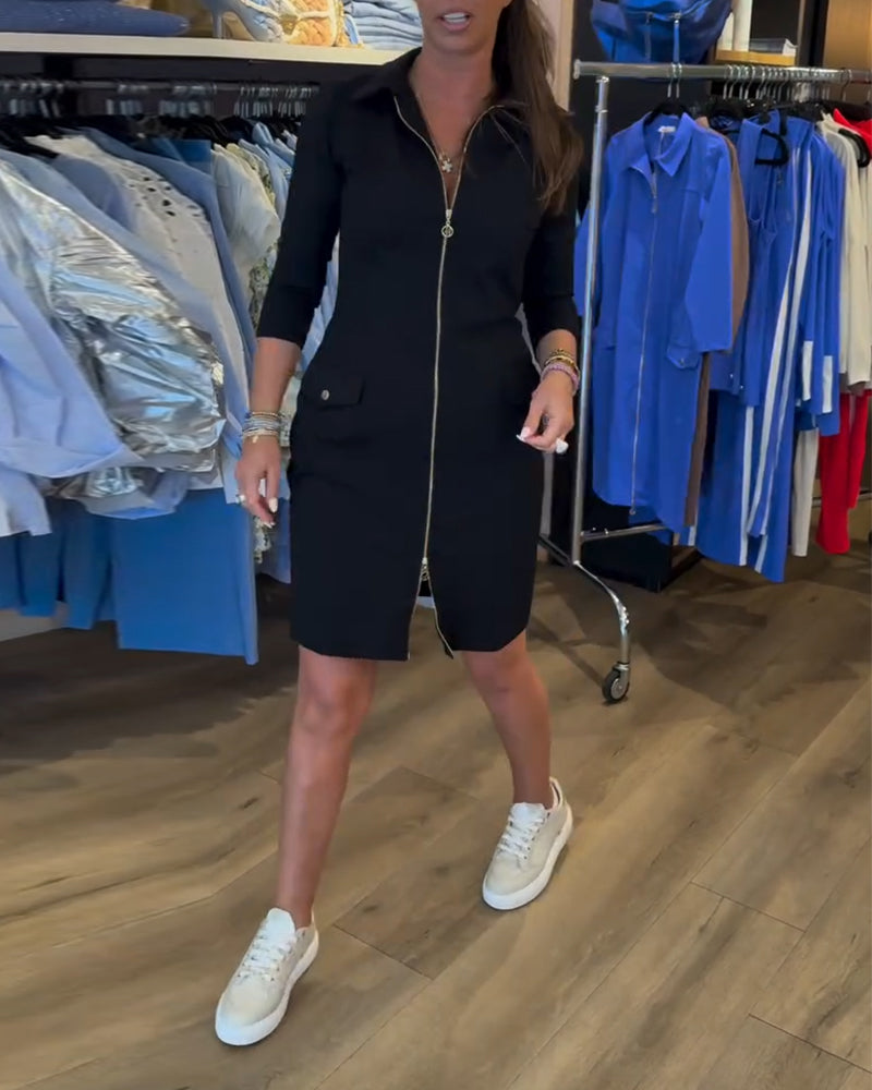 Einfarbiges Langarmkleid mit Revers und Reißverschluss