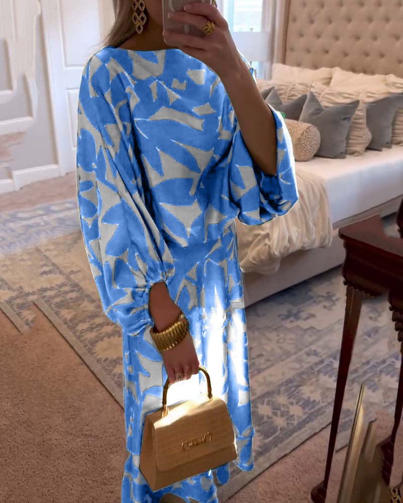 Temperamentvolles, bedrucktes Freizeitkleid-Set mit Laternenärmeln